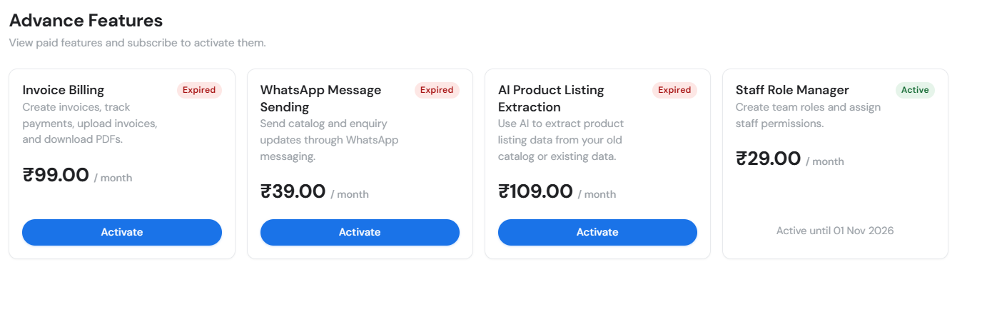 Advance Features page with add-on cards showing Expired and Active status