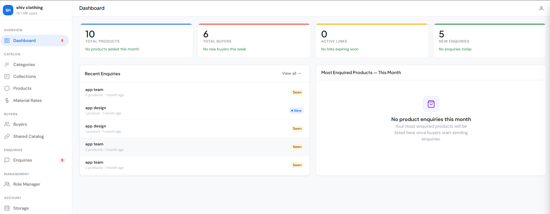 Seller dashboard with stat cards, Recent Enquiries and Most Enquired Products